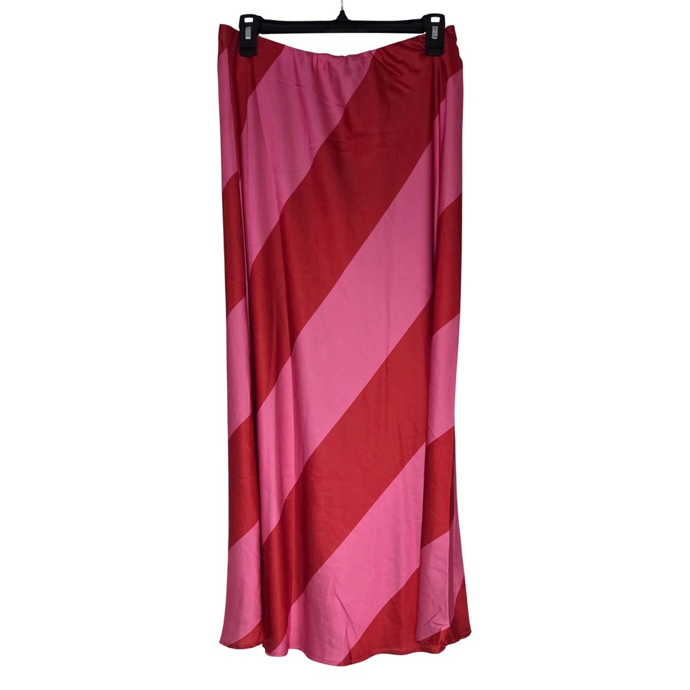 Petal & Pup Kailey Midi Skirt Red Pink Striped Satin High Waist Size L NWT - Picture 5 of 12